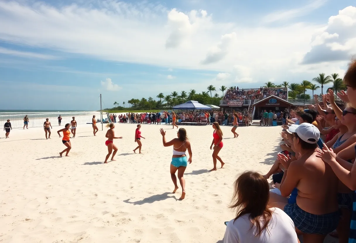 Mercer University beach volleyball players competing at JU Senior Weekend