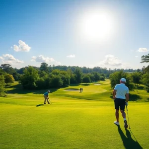 Golfers on a vibrant course preparing for competition
