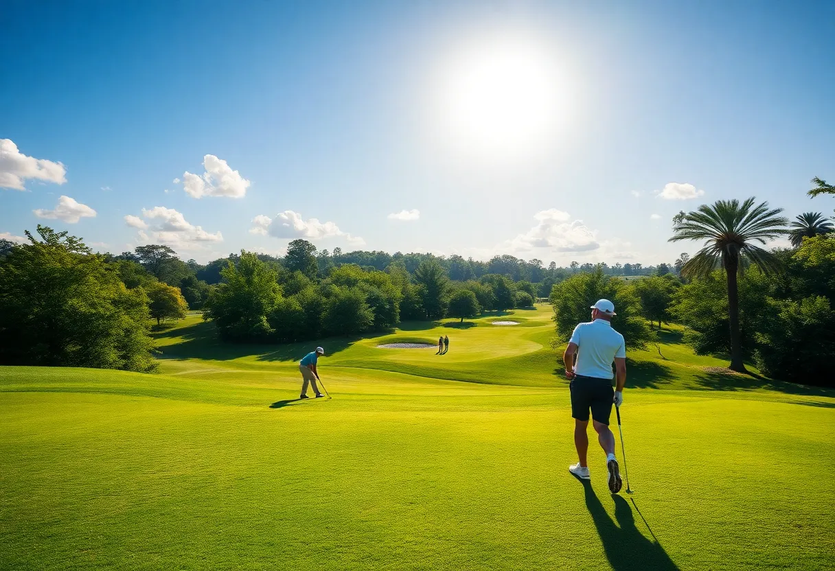 Golfers on a vibrant course preparing for competition