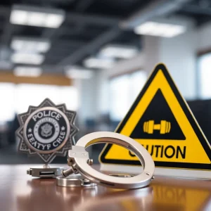 Police badge and handcuffs representing law enforcement issues
