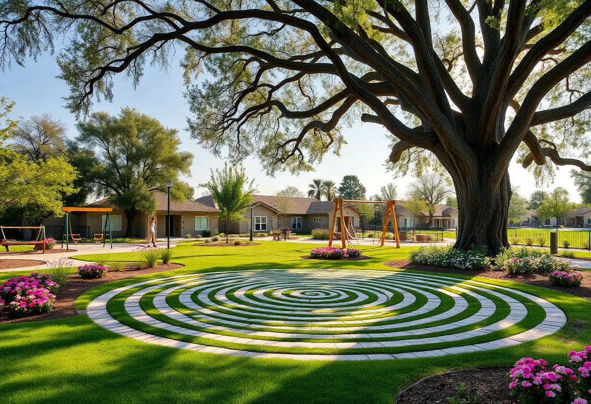 Rendering of renovated Peace Memorial Park with a labyrinth and landscaping