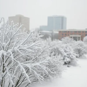 Winter storm impacts in Pensacola with snow-covered streets and trees.