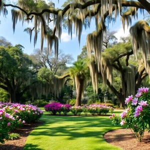 A peaceful park in Savannah, GA during spring with flowers and trees.