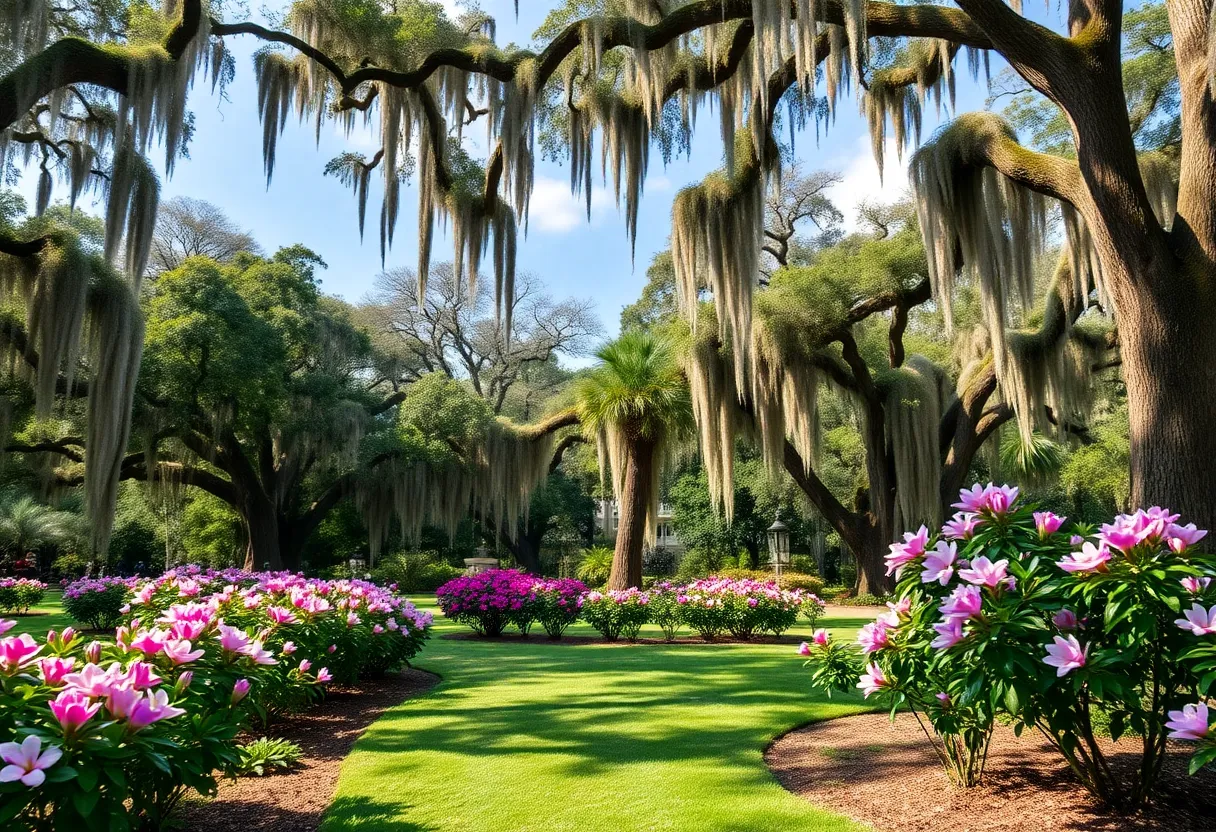 A peaceful park in Savannah, GA during spring with flowers and trees.