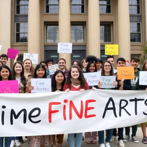 Students gathered outside Jacksonville University holding signs for Fine Arts program support.