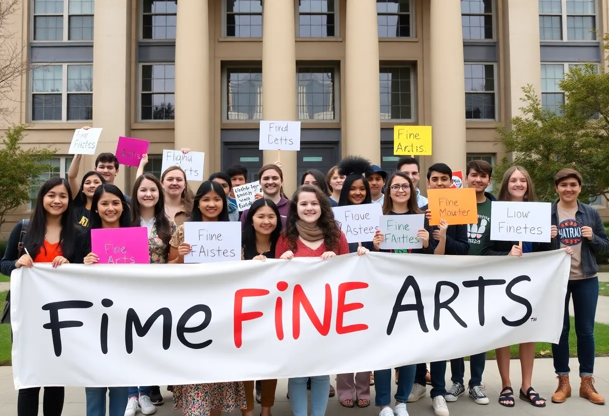 Students gathered outside Jacksonville University holding signs for Fine Arts program support.