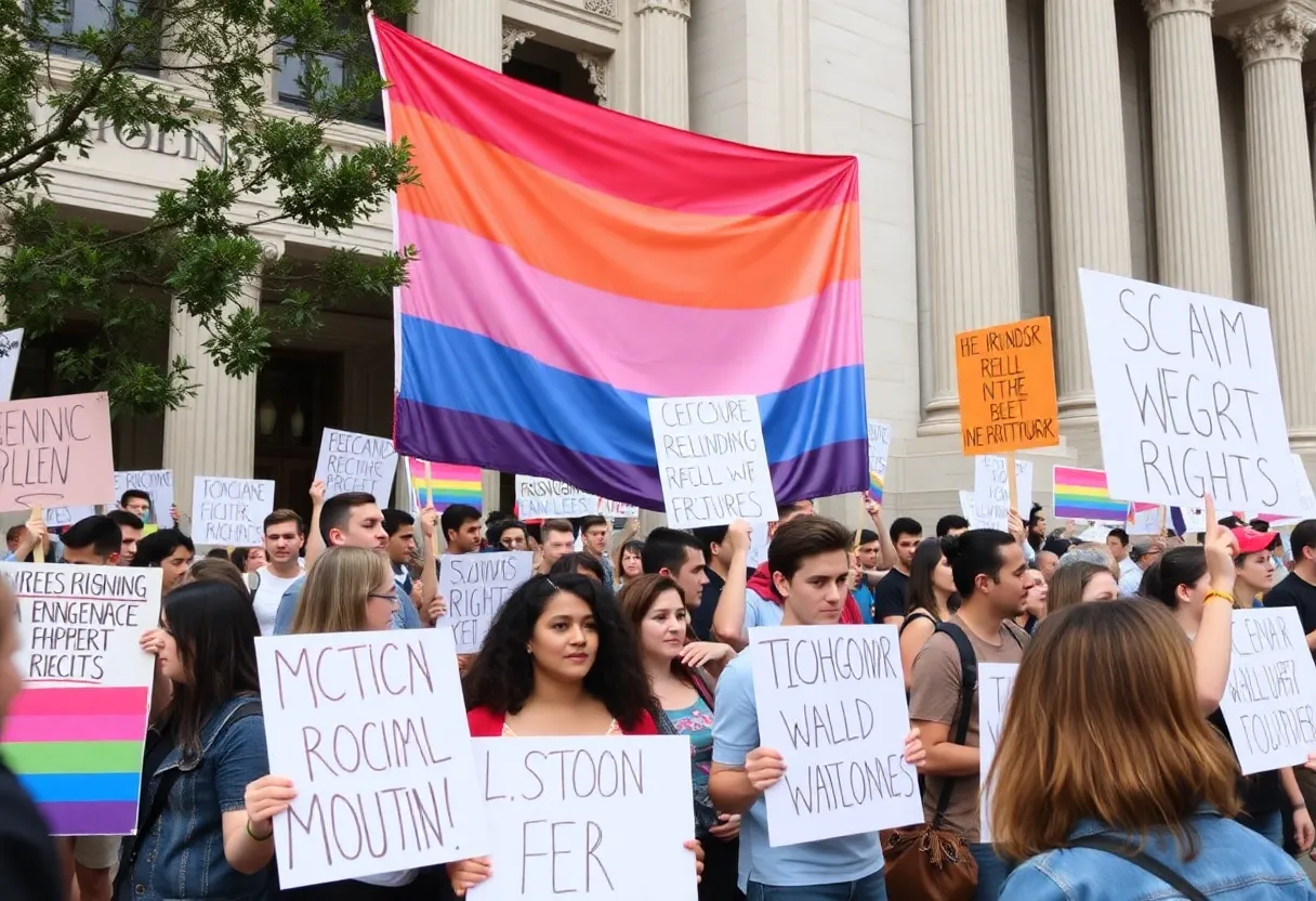 Activists protesting for transgender rights outside government building