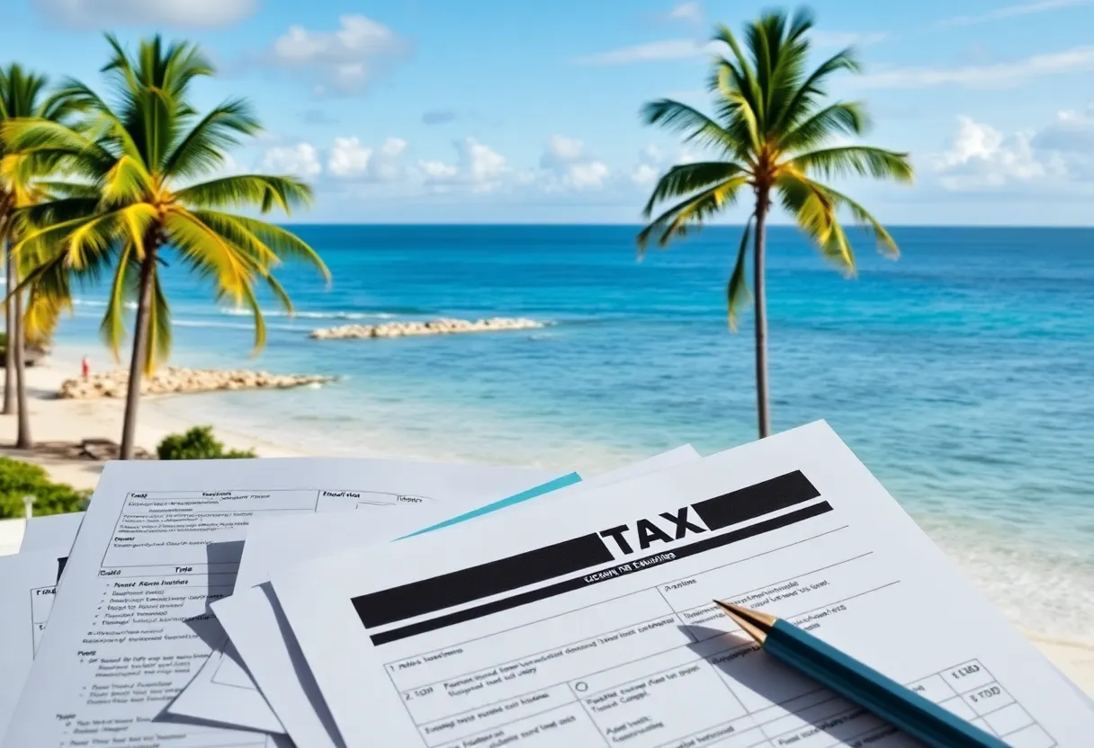 Tax forms with Florida beach in the background symbolizing tax relief