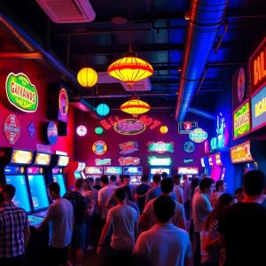 Crowd enjoying the arcade games at The Circuit Arcade Bar