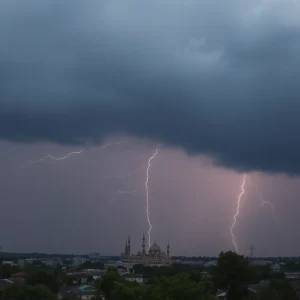 Stormy weather approaching Jacksonville with dark clouds and lightning