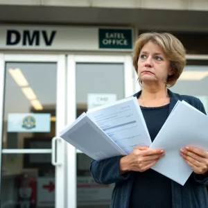 Concerned woman at DMV with documents