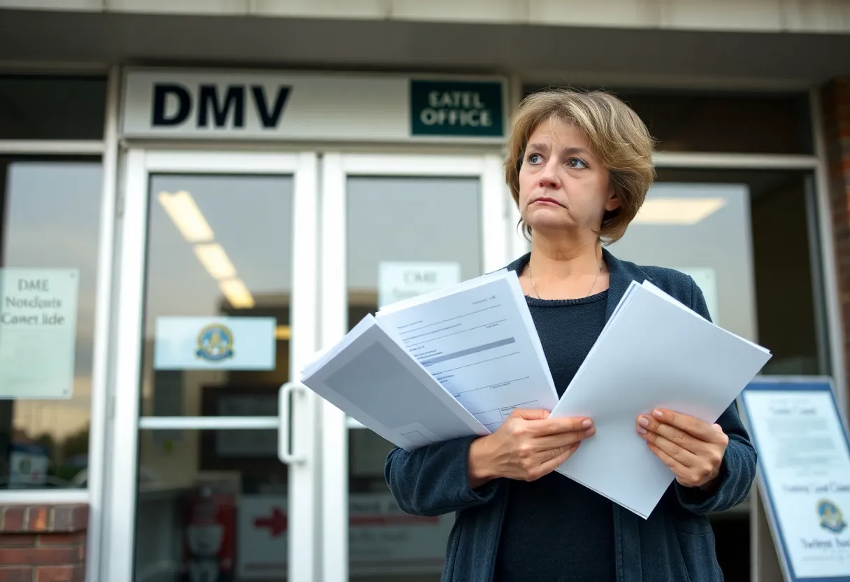 Concerned woman at DMV with documents