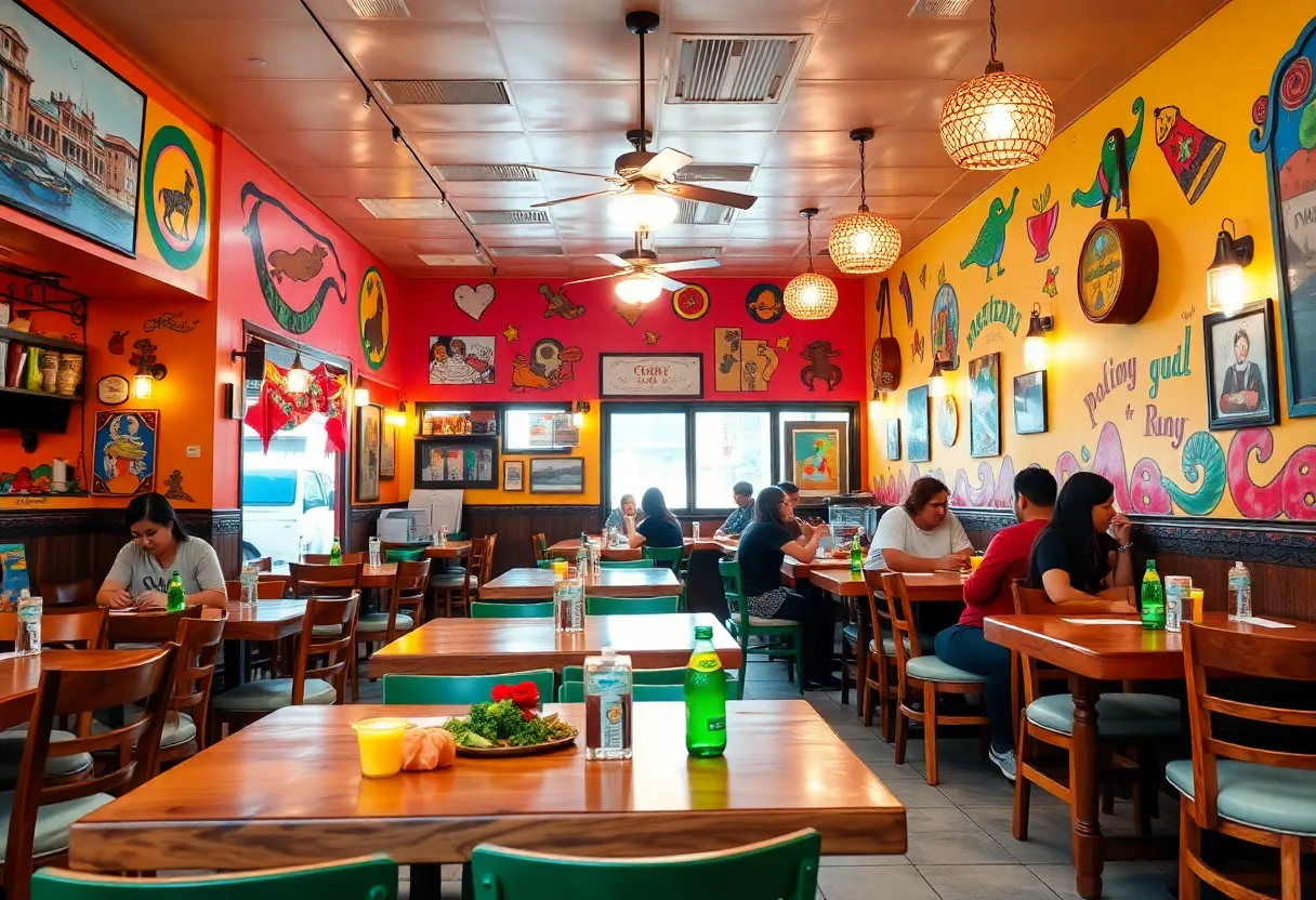 Interior of Ajua Mexican Kitchen & Bar showing colorful decor and diners