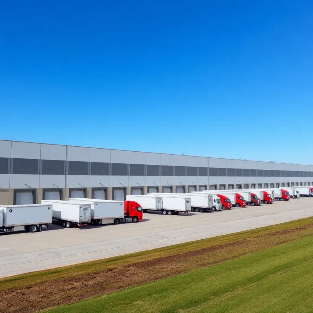 Exterior view of the Baldwin distribution center at sunset