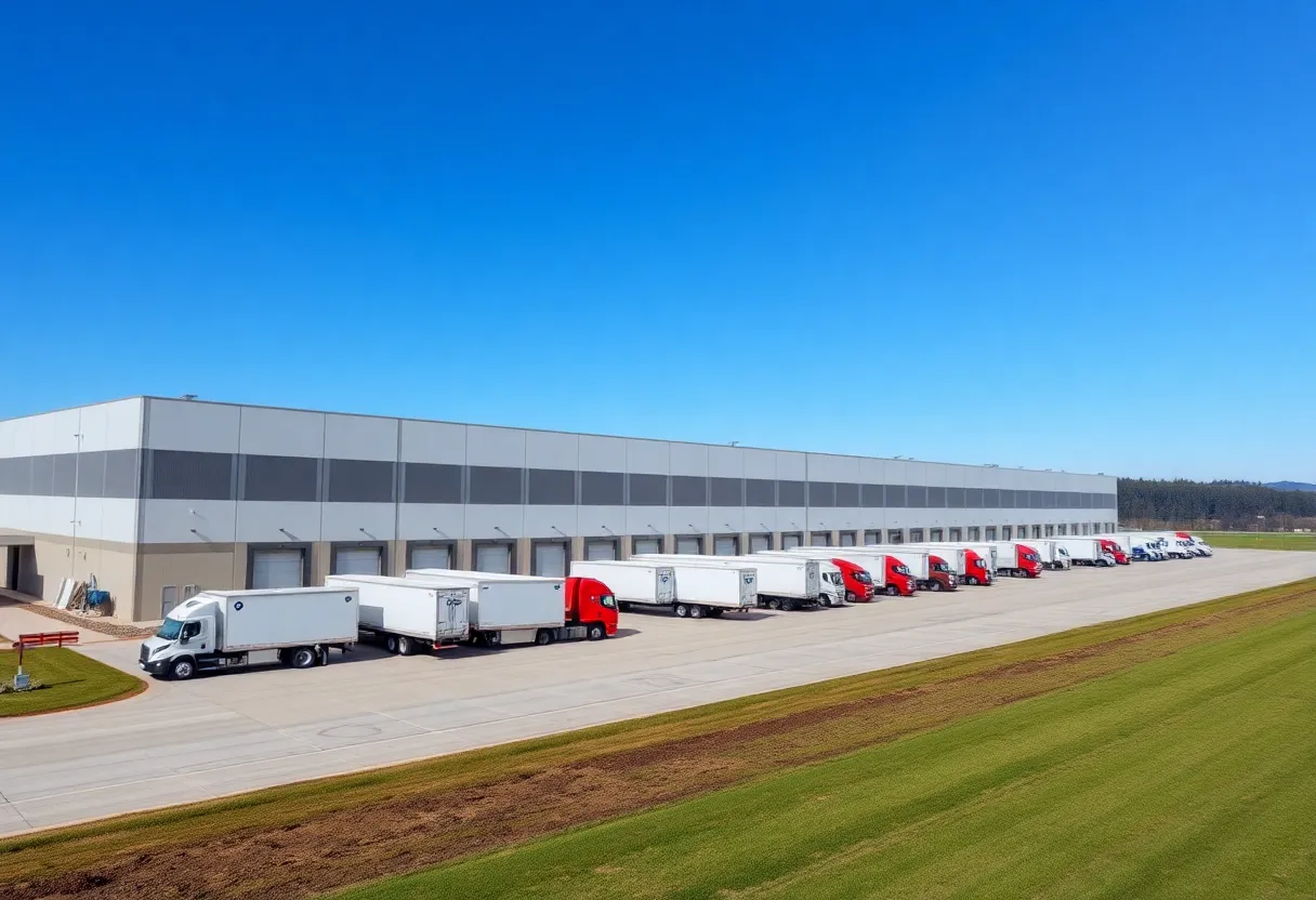 Exterior view of the Baldwin distribution center at sunset