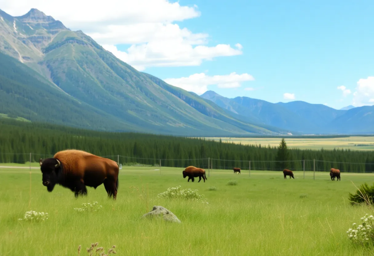 Bison grazing in a picturesque setting of Yellowstone National Park