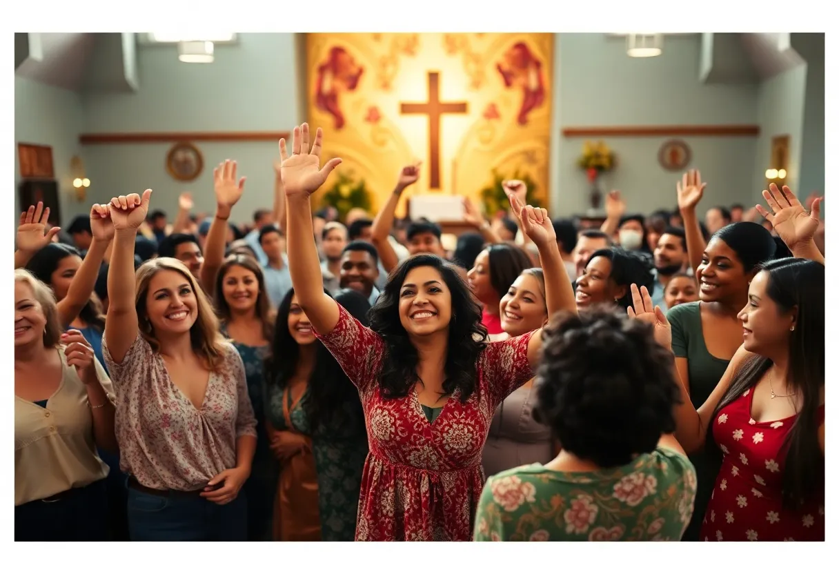 Community celebration of Pope Leo XIV's election in a church.