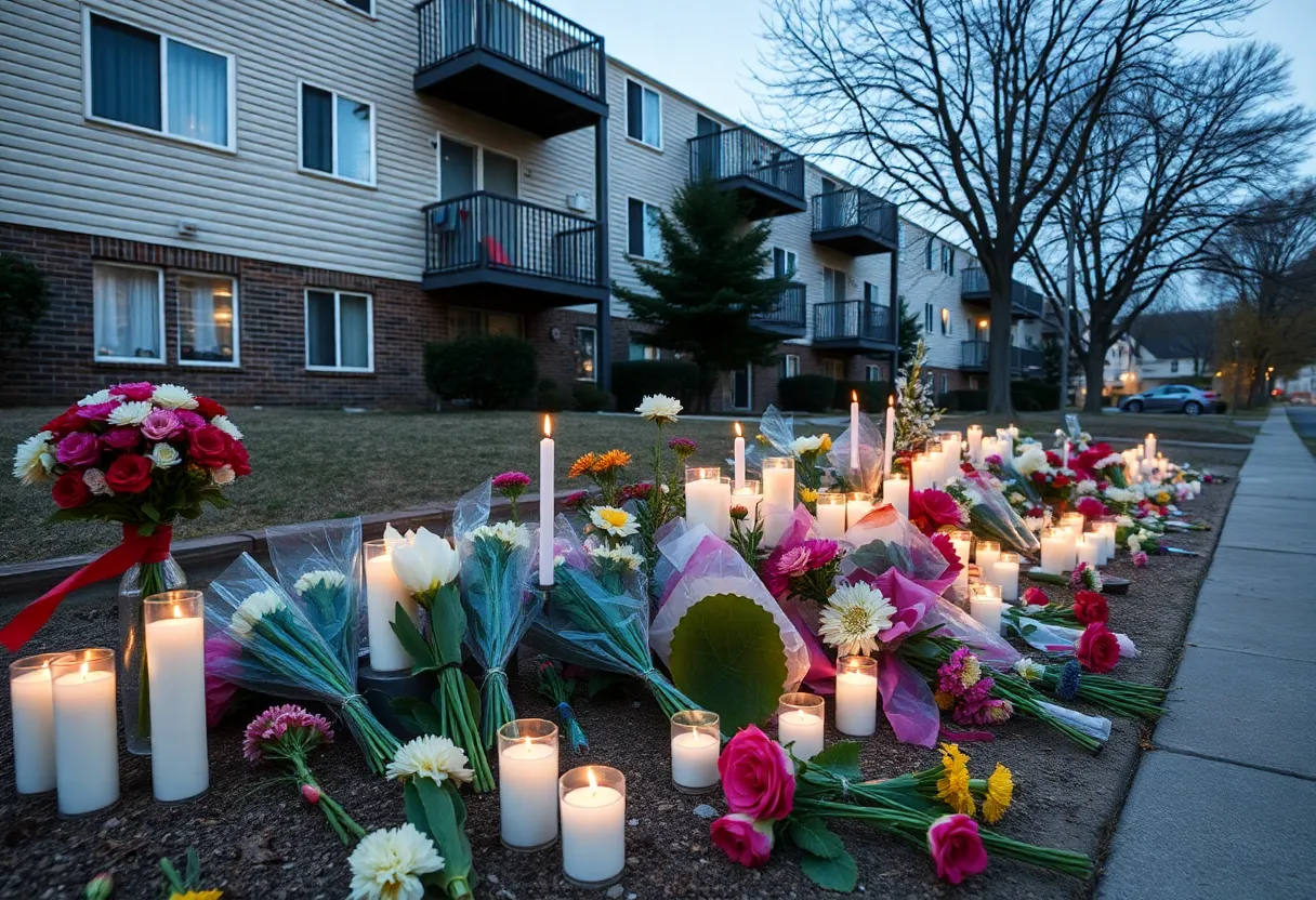 Candles and flowers in memory of a family affected by a tragic shooting