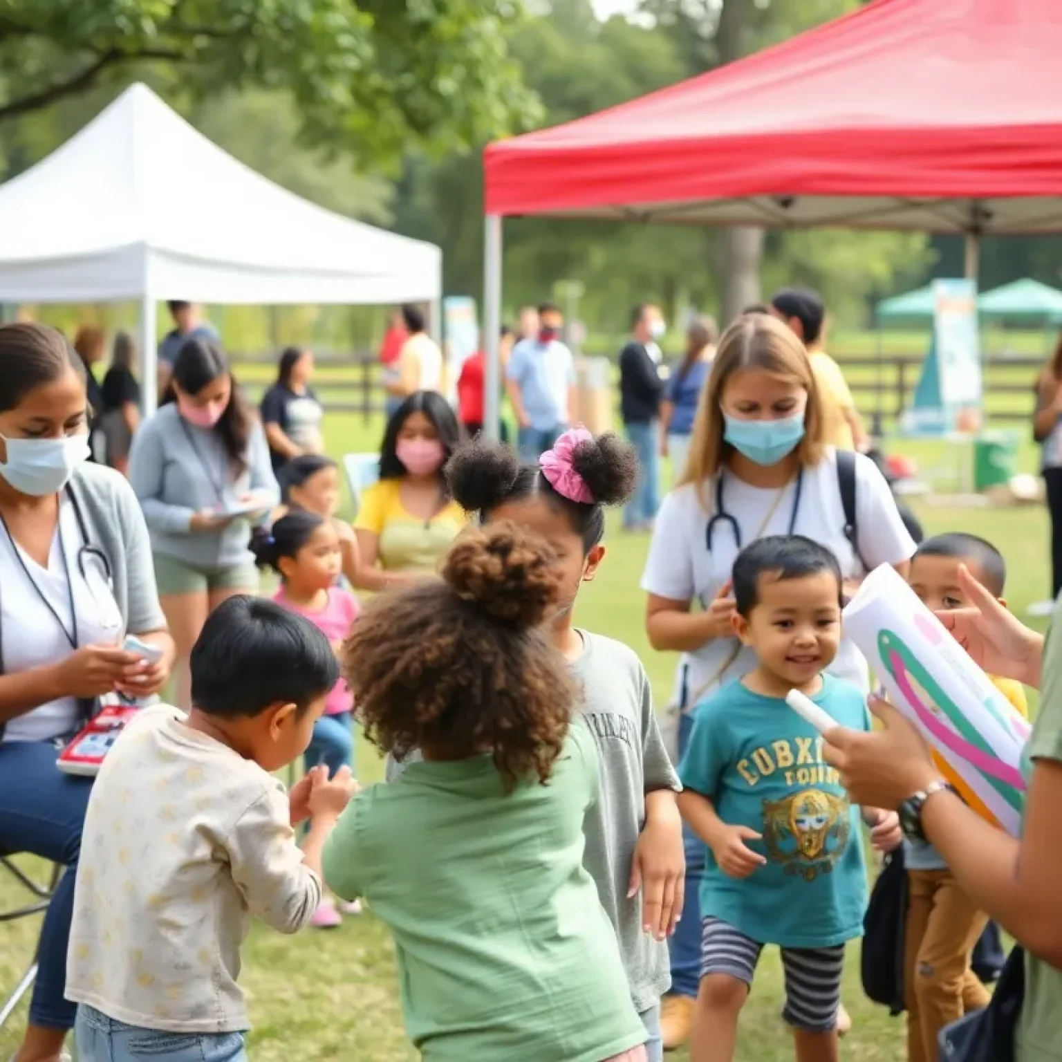 Families participating in a community service event with healthcare services and children's activities.