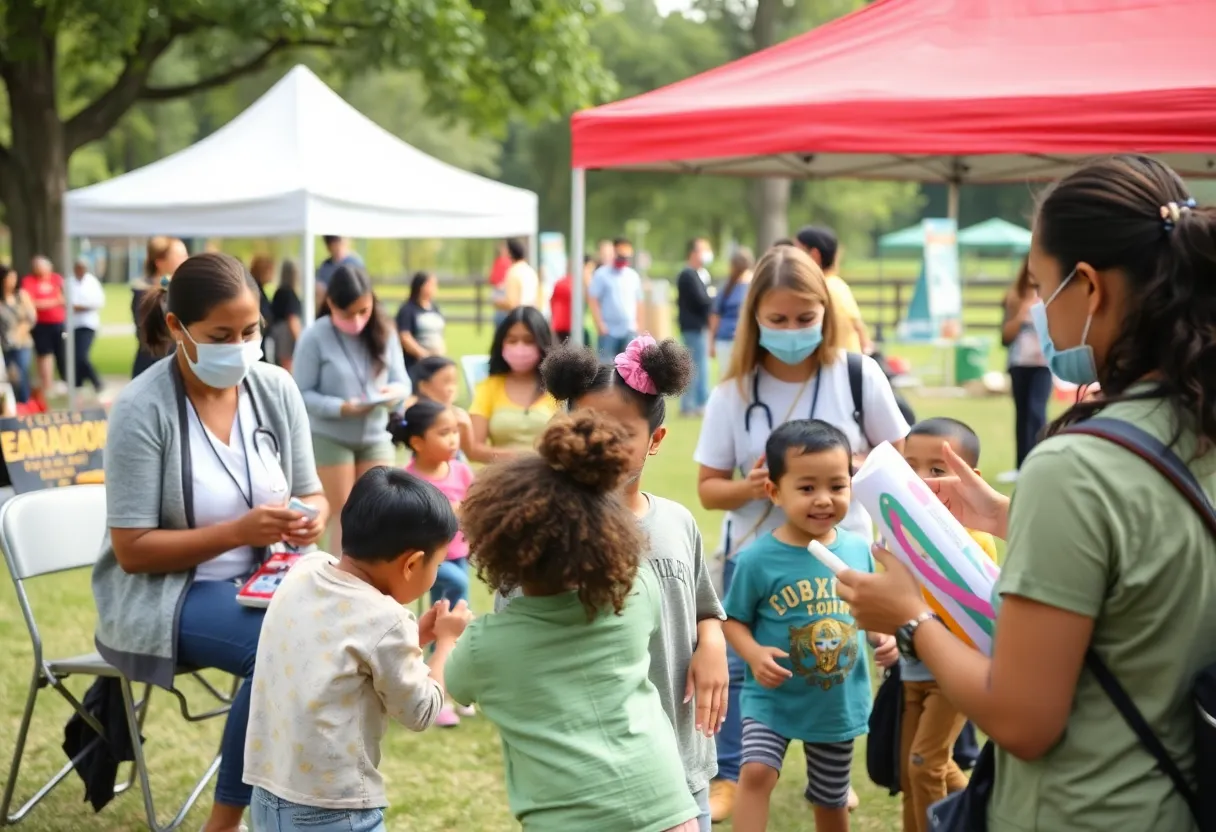 Families participating in a community service event with healthcare services and children's activities.
