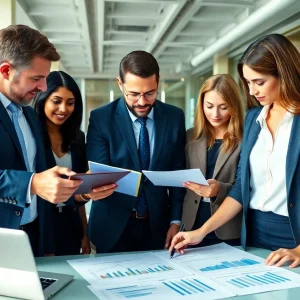 Professionals discussing corporate law in a modern office