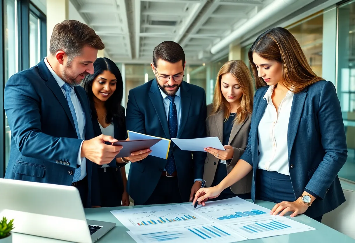 Professionals discussing corporate law in a modern office