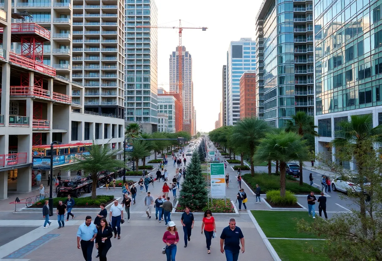Urban development in Jacksonville downtown with construction and greenery.
