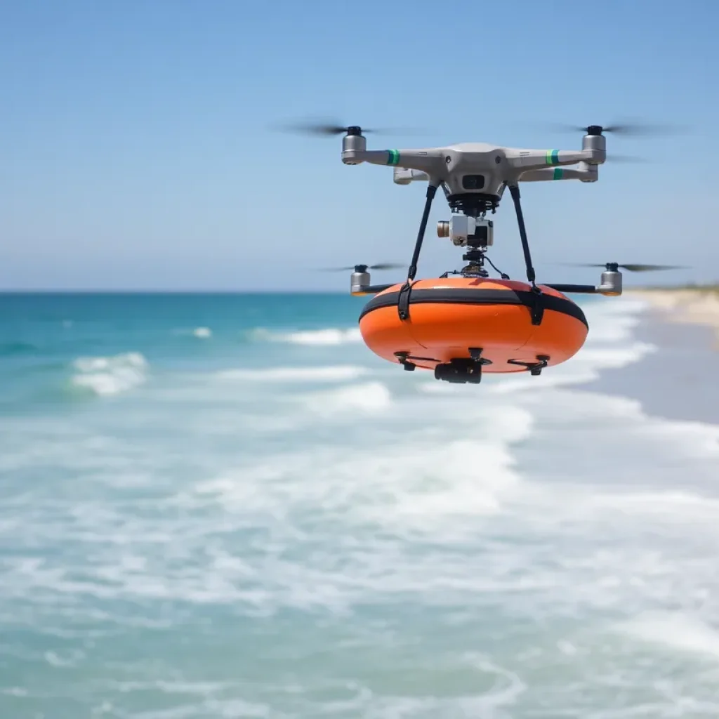 Drone delivering flotation device in ocean