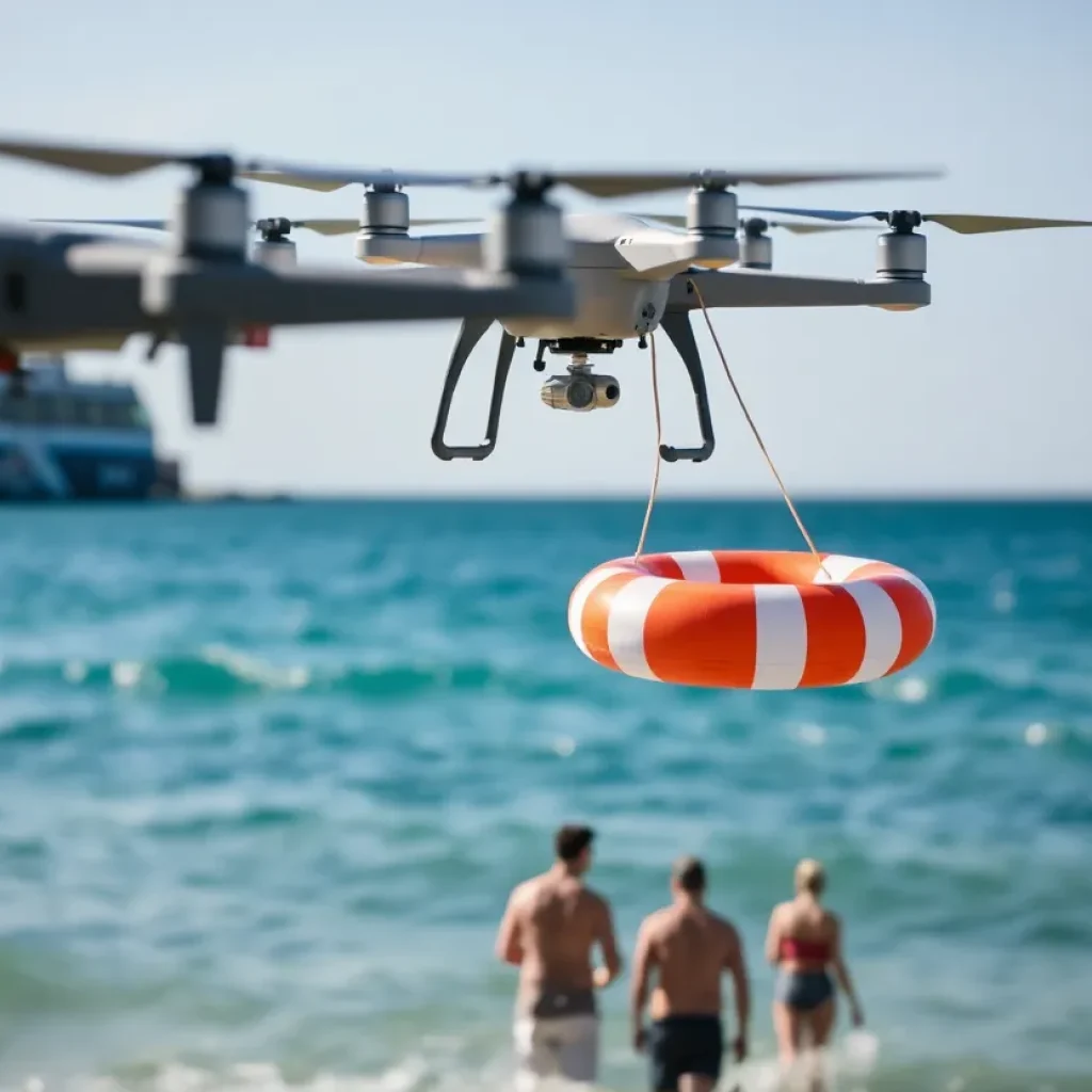 Drone delivering flotation device to a swimmer in the ocean