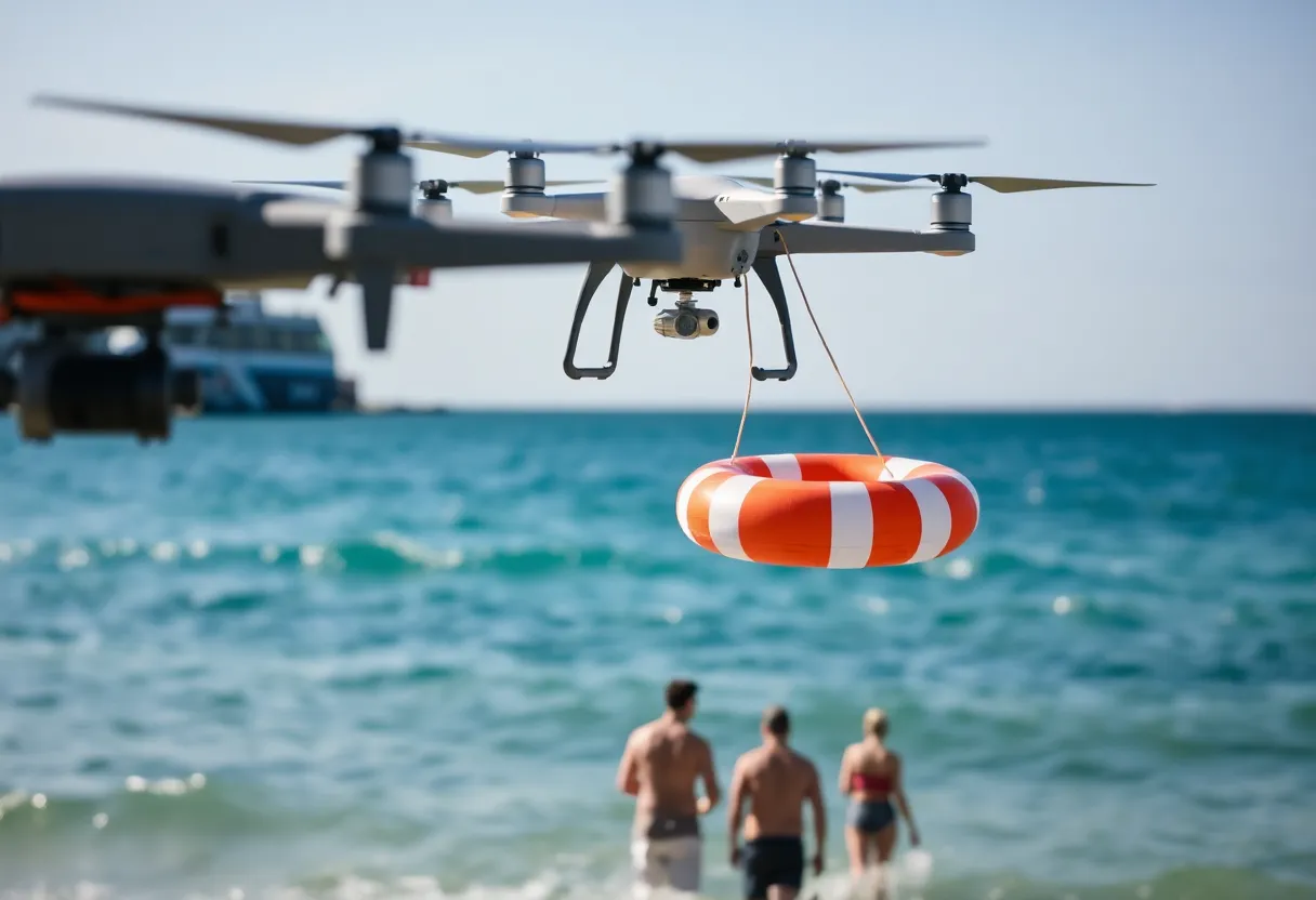 Drone delivering flotation device to a swimmer in the ocean