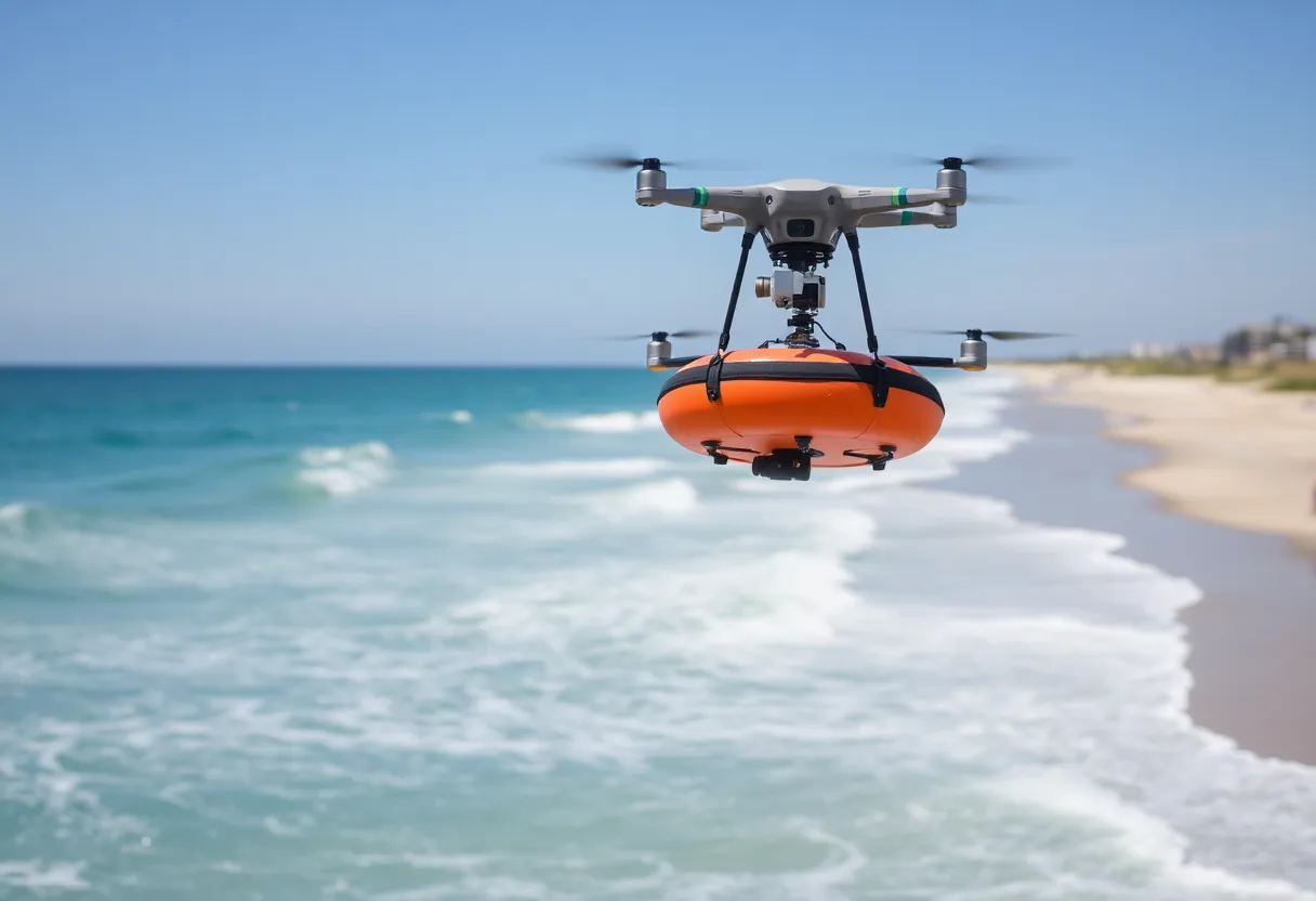 Drone delivering flotation device in ocean