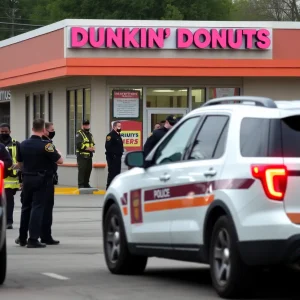Emergency responders at a Dunkin' Donuts drive-thru after a shooting incident.