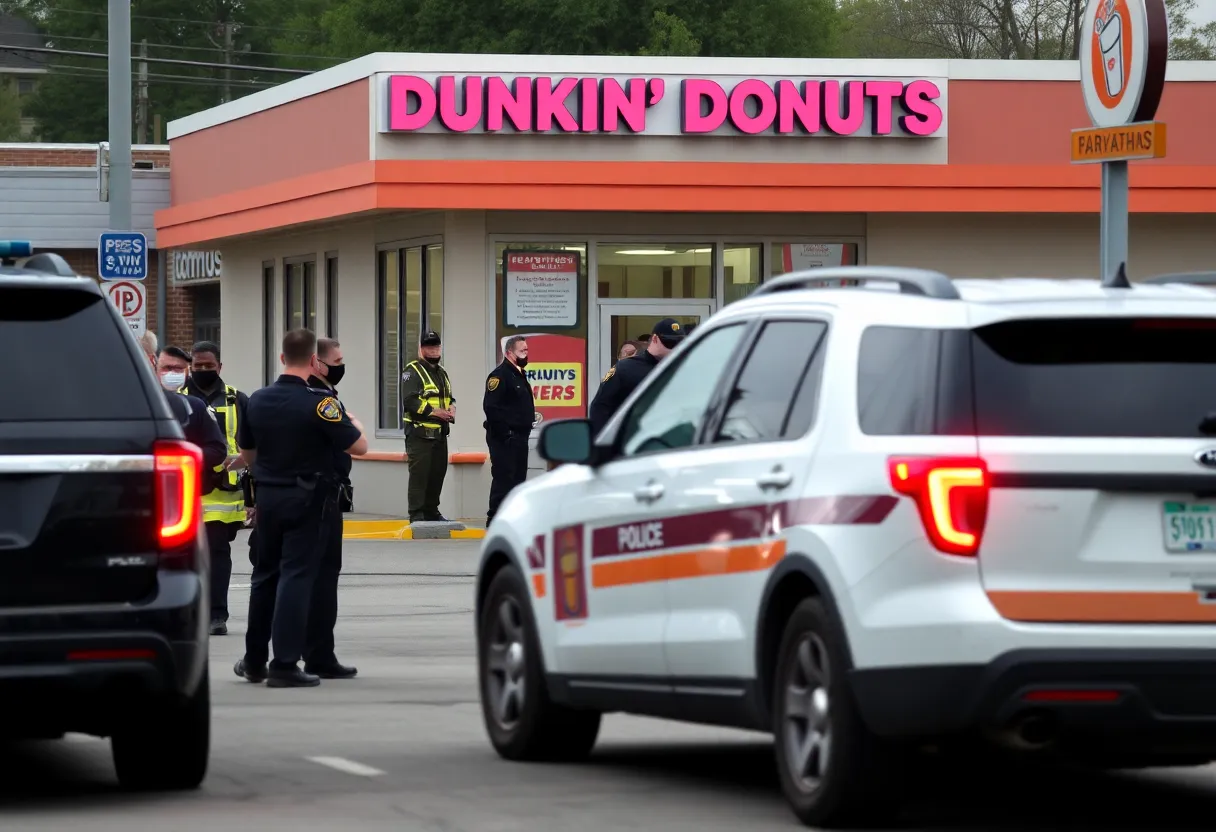 Emergency responders at a Dunkin' Donuts drive-thru after a shooting incident.
