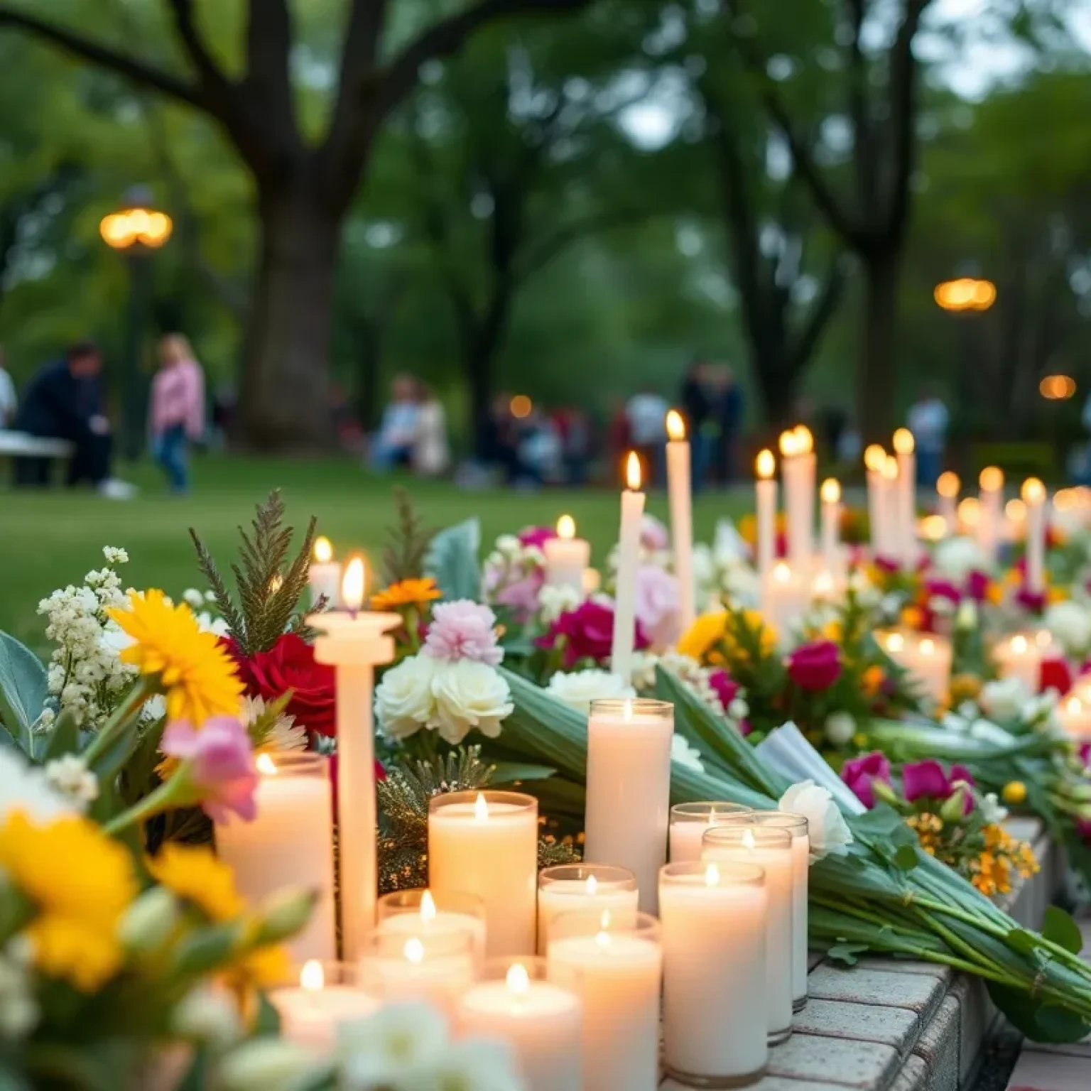 A peaceful memorial setting with candles and flowers.