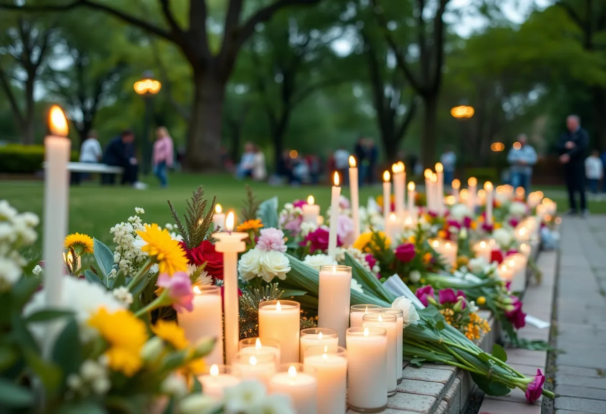 A peaceful memorial setting with candles and flowers.
