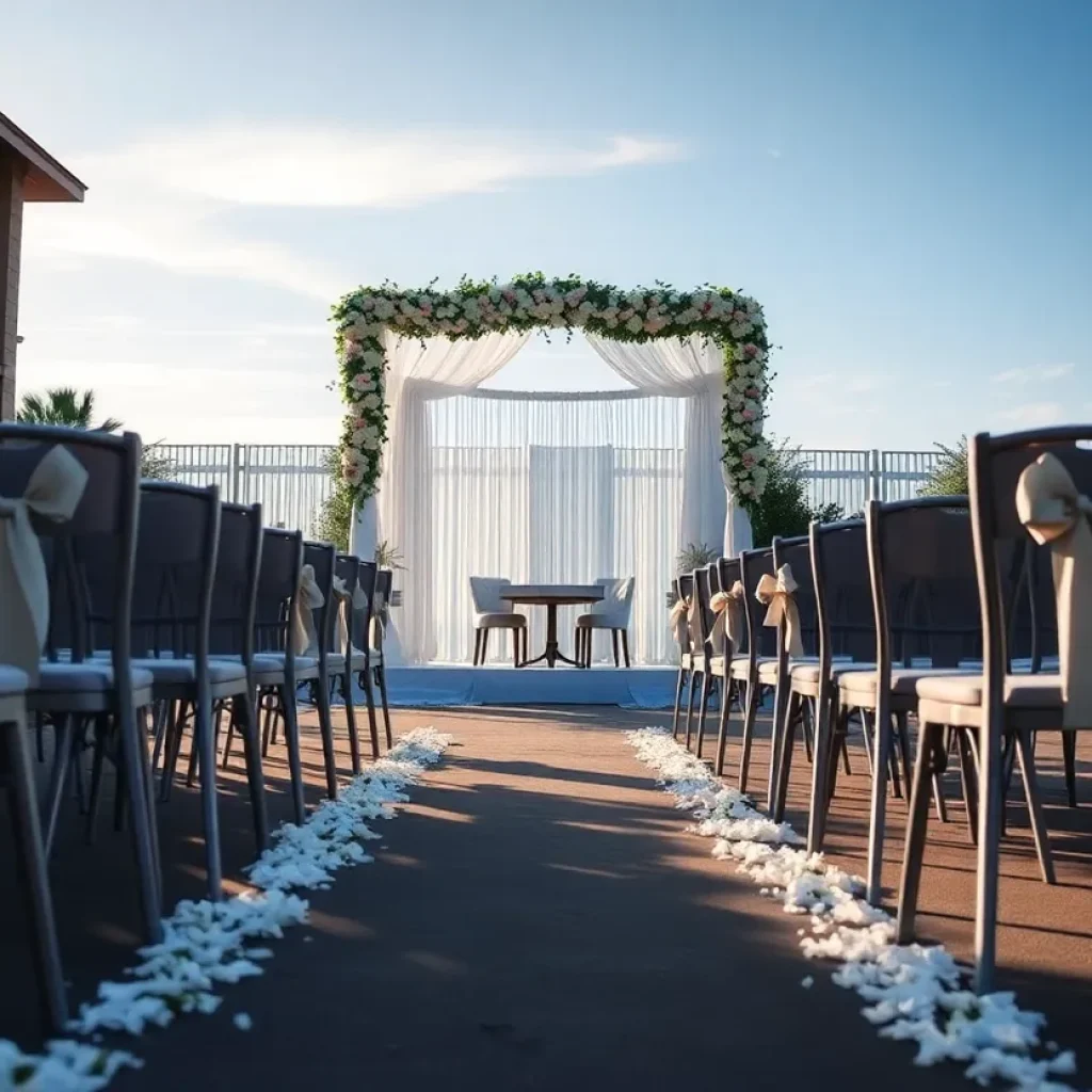 An empty wedding ceremony setup with chairs and decorations under a clear sky