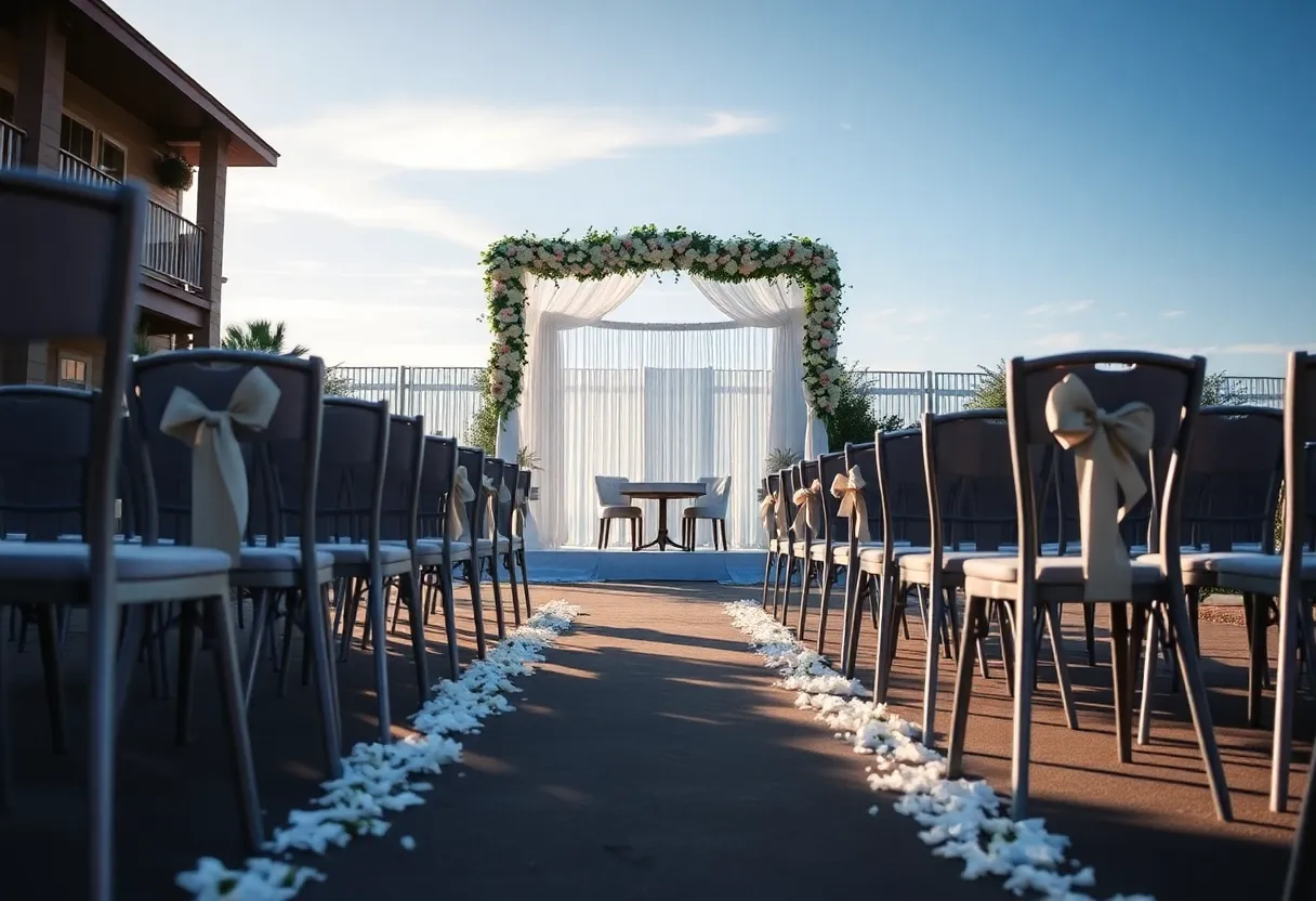 An empty wedding ceremony setup with chairs and decorations under a clear sky