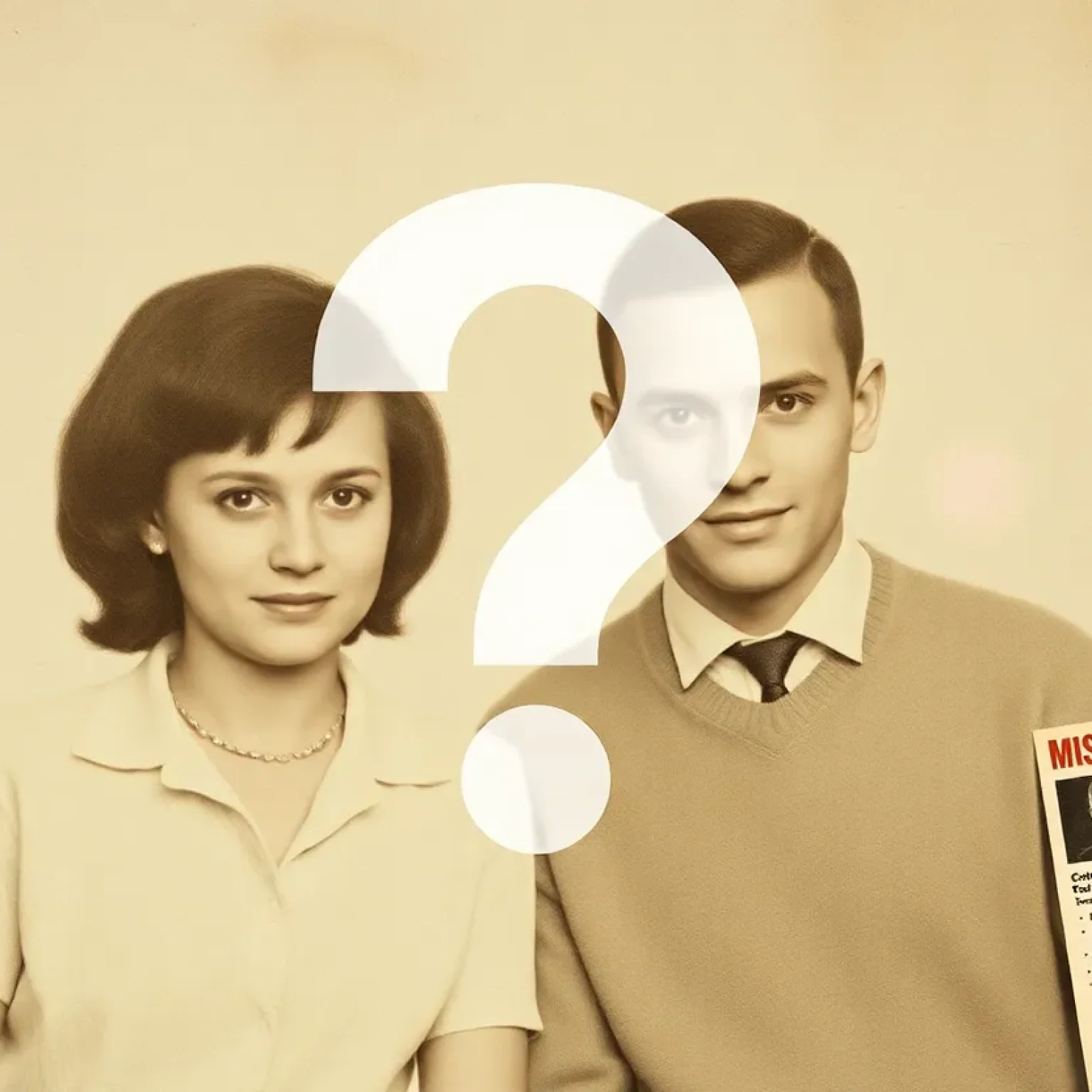 Faded family photo of the Grogan family with a question mark.