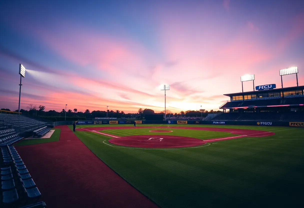Empty baseball field with FGCU team colors