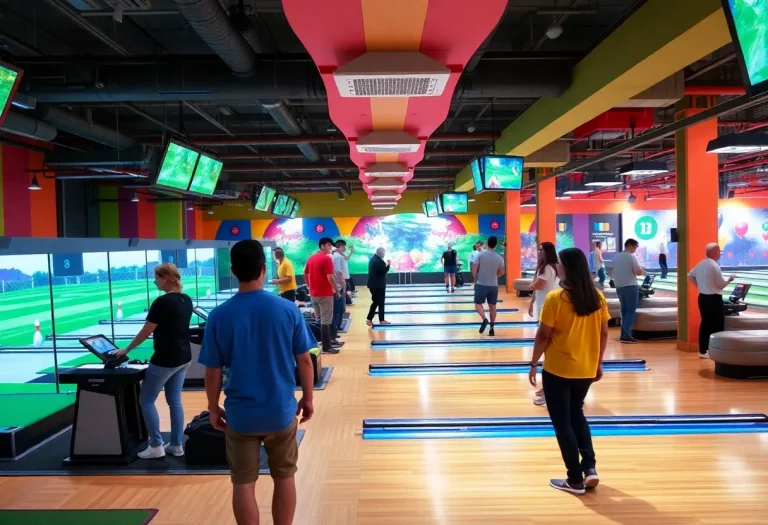 Interior of Five Iron Golf venue with golf simulators and bowling alleys