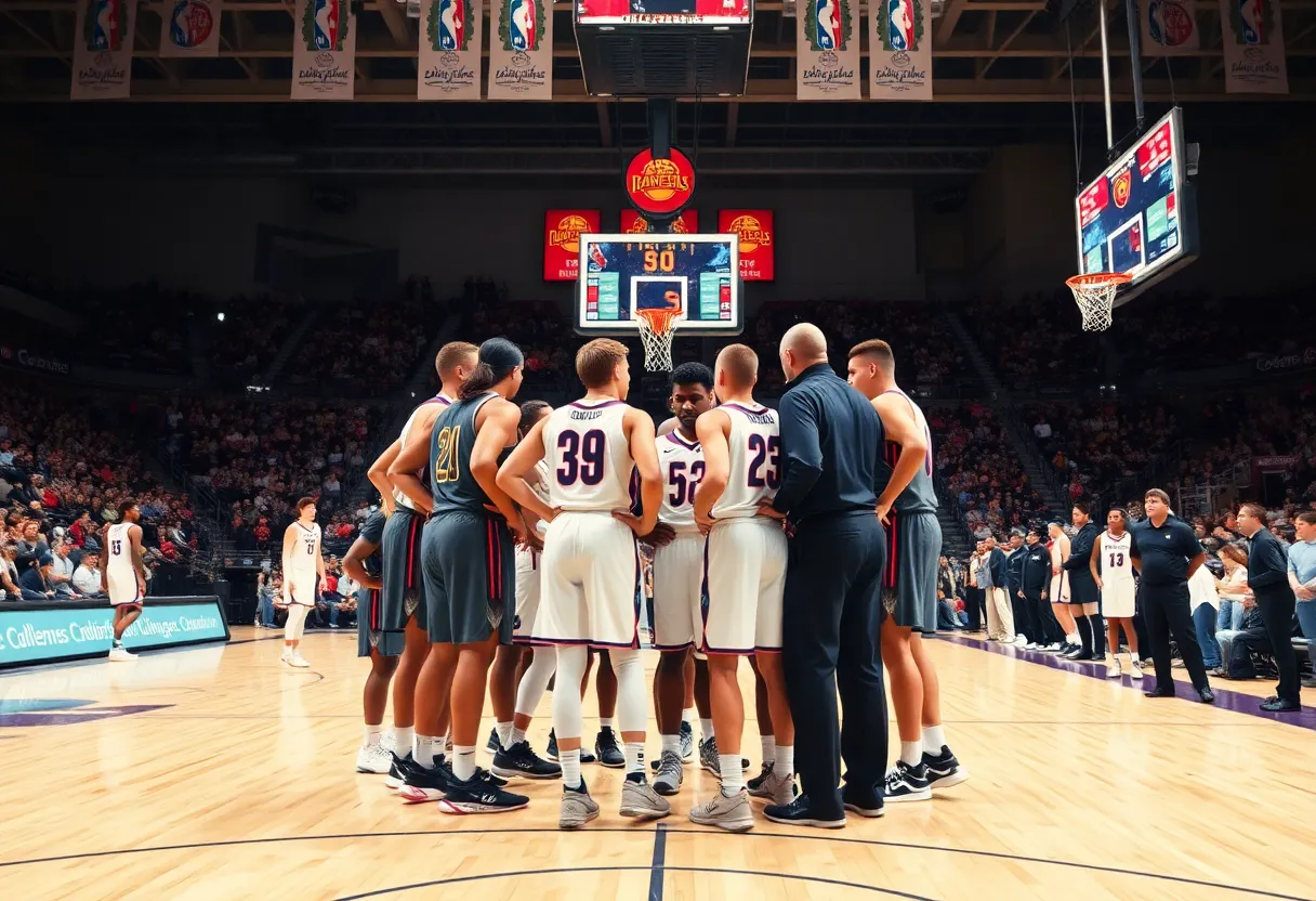 Florida Gators basketball team discussing strategy during a game