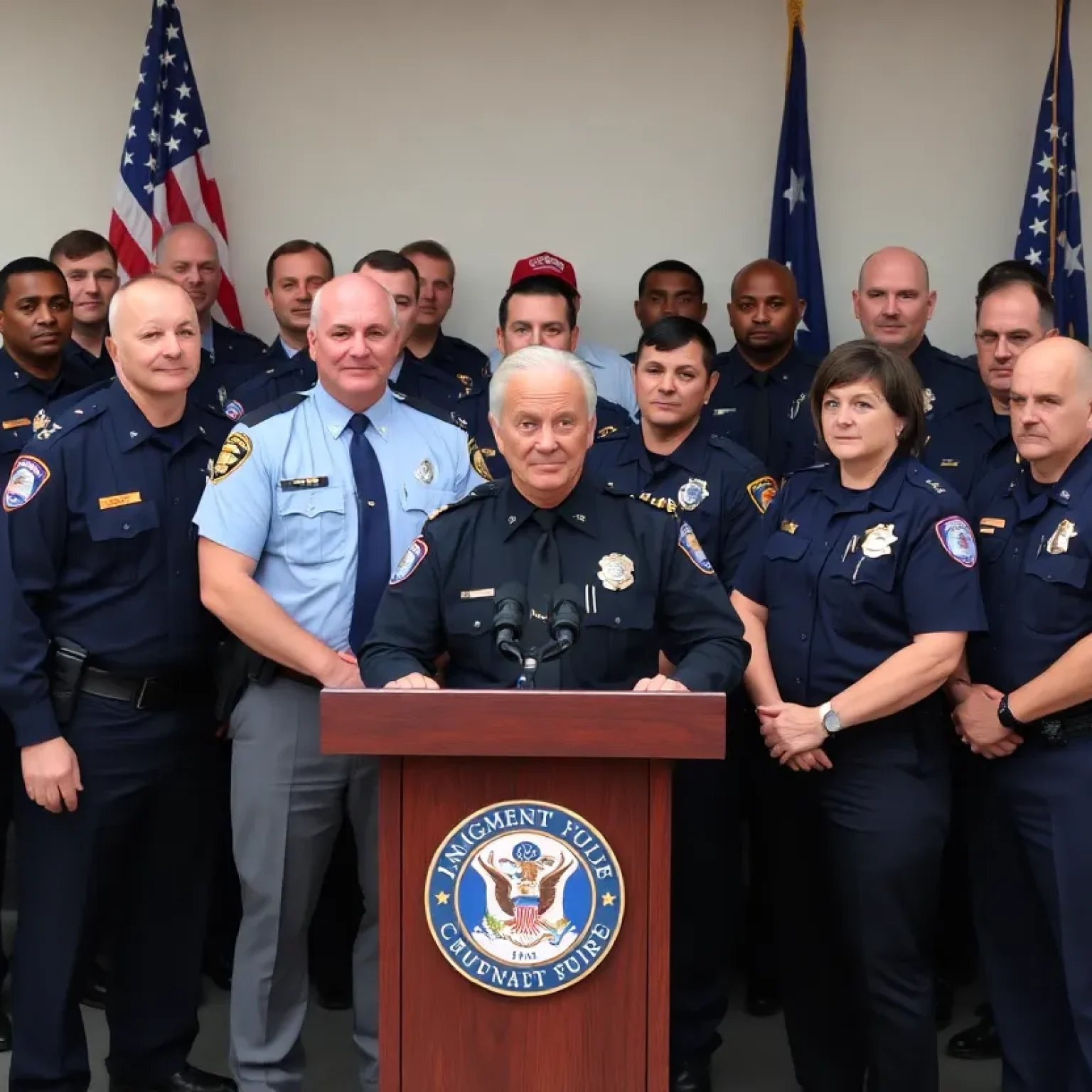 Law enforcement officials at a press conference announcing immigration operation results