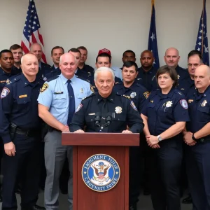 Law enforcement officials at a press conference announcing immigration operation results
