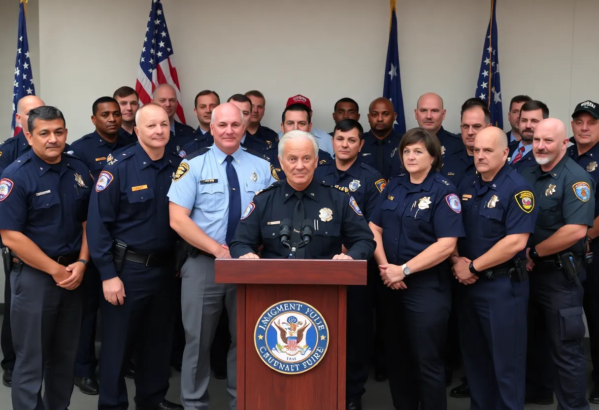 Law enforcement officials at a press conference announcing immigration operation results