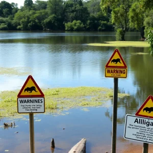 A peaceful Florida lake with a warning sign about alligators.