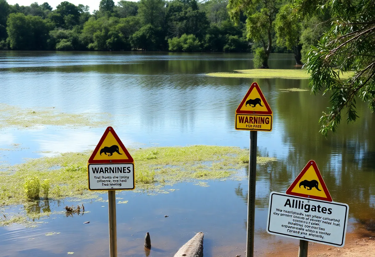 A peaceful Florida lake with a warning sign about alligators.