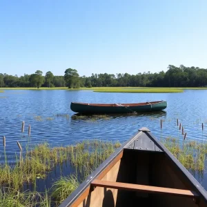 A canoe on the water near a Florida lake surrounded by lush greenery.