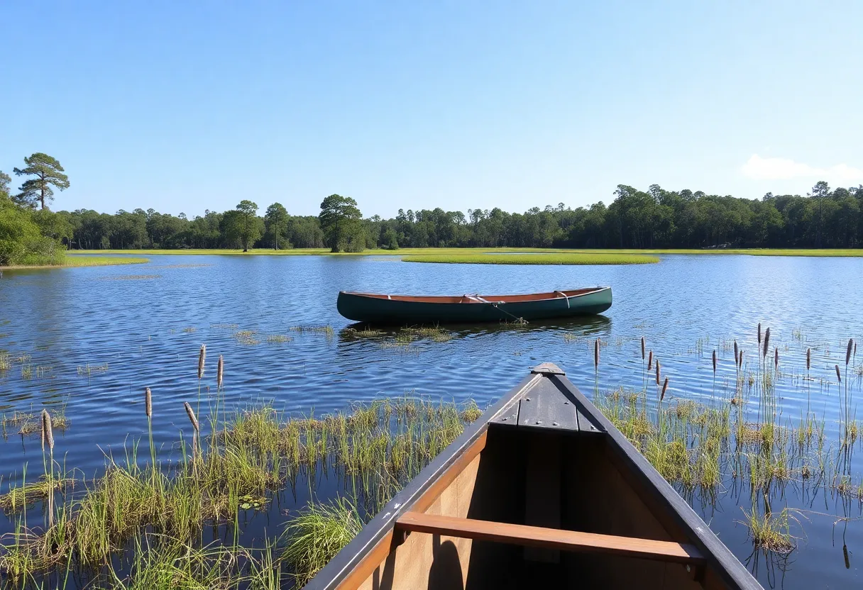 A canoe on the water near a Florida lake surrounded by lush greenery.