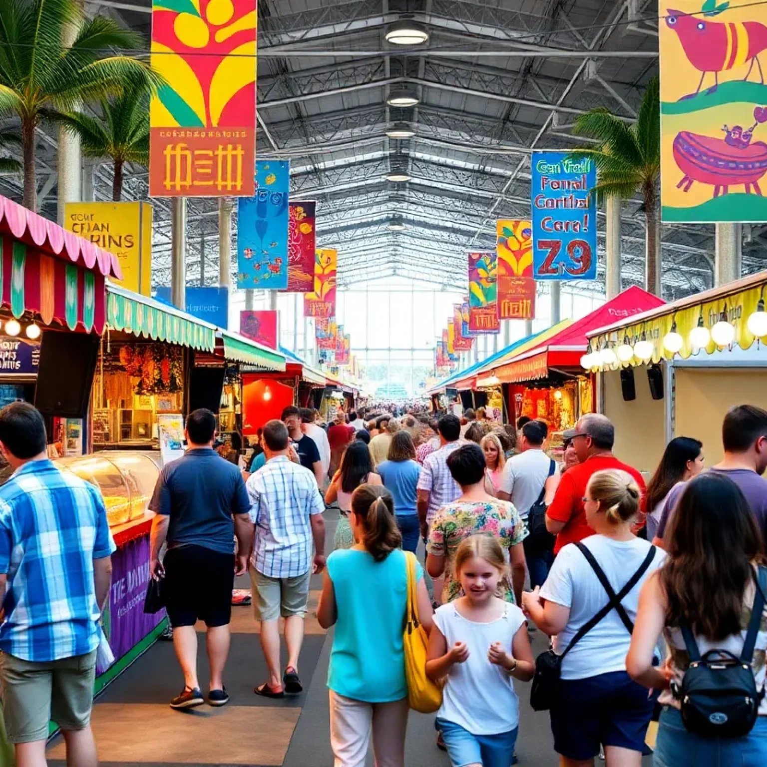 A lively tourism expo in Florida showcasing various activities.