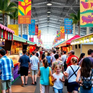 A lively tourism expo in Florida showcasing various activities.